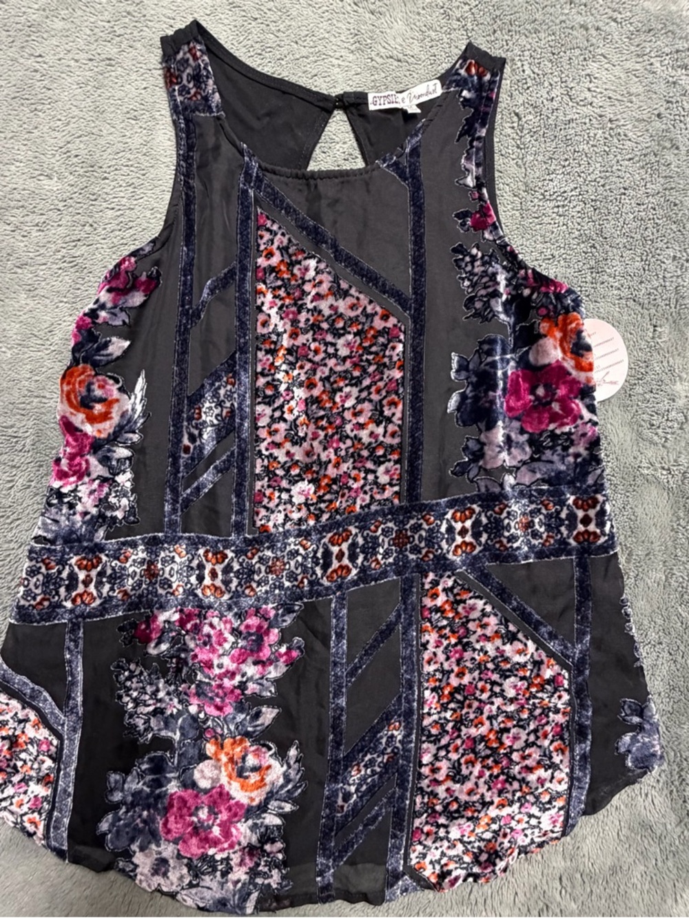 Gypsies & Moondust Black Tank with Pink, Orange & Purple Velvet Trim Size M